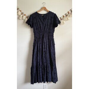 Liza Byrd The Sydney Cinch Smock Embroidered Floral Crochet Navy Maxi Dress S